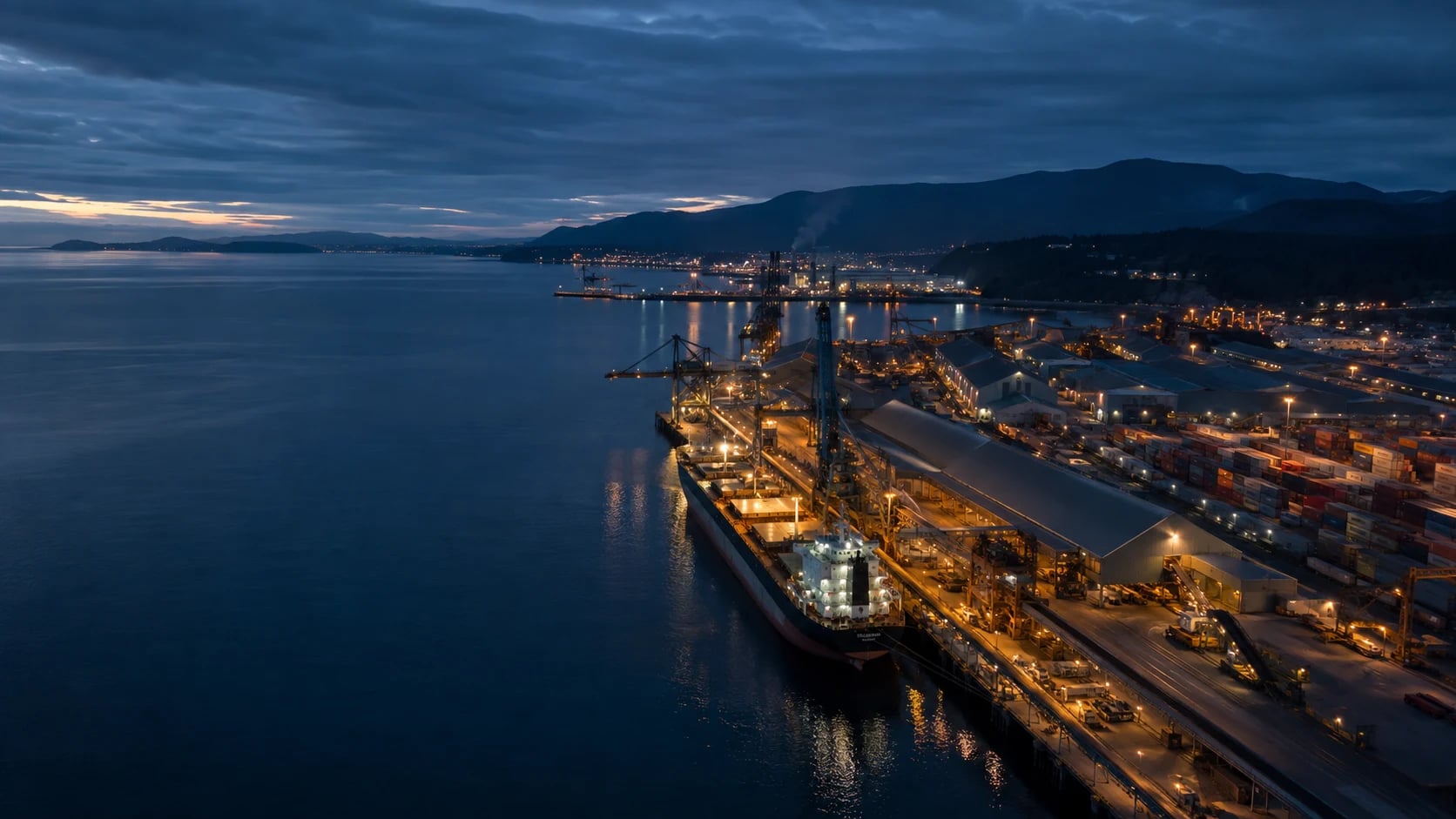 Illustrative marine terminal at blue hour
